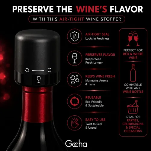Vista 6 de GOCHA Tapón de vino al vacío, conservador de vino al vacío integrado, sellador universal de botellas de vino, parte superior giratoria de silicona