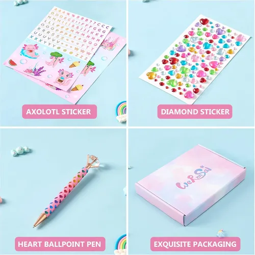 Vista 3 de WERNNSAI Axolotl - Diario secreto para niñas con llave de bloqueo, kit de diario de felpa para niños, cuaderno de viaje escolar con bolígrafo