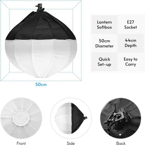 Vista 9 de Andoer 19.7 in/19.7 pulgadas linterna softbox esférica plegable caja suave de instalación rápida con enchufe E27 bolsa de transporte para estudio
