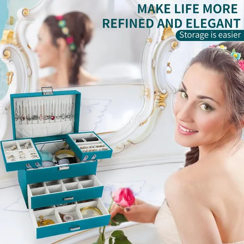 Vista 7 de Dajasan Organizador de joyero, caja organizadora de joyas, caja de almacenamiento de joyería de cuero de 4 capas, idea de regalo para mujeres