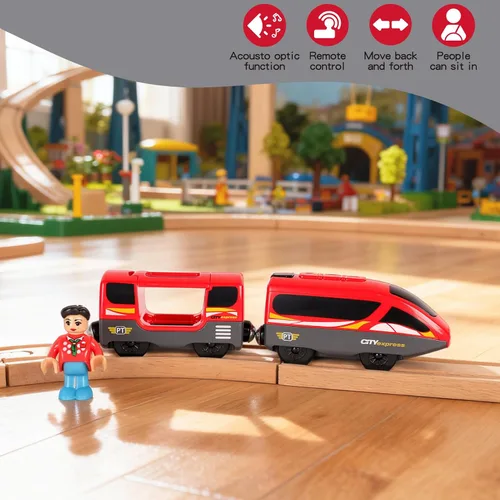 Vista 6 de Tren a pilas para pista de madera, potente locomotora con motor de control remoto, juguete de tren con luz y sonidos, regalo para niños pequeños