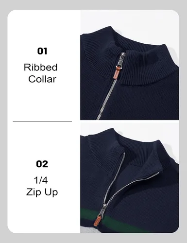 Vista 29 de MAGCOMSEN Suéteres de algodón con cremallera de 1/4 para hombre, suéter tipo polo, a rayas, para otoño e invierno, sudaderas cálidas