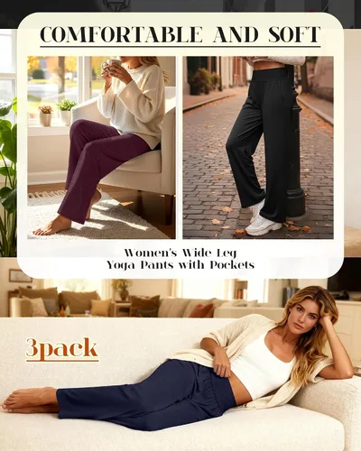 Vista 106 de Neer - Conjunto de 3 pantalones de yoga de pierna ancha para mujer - Pantalones deportivos cómodos, holgados, de cintura alta y casuales