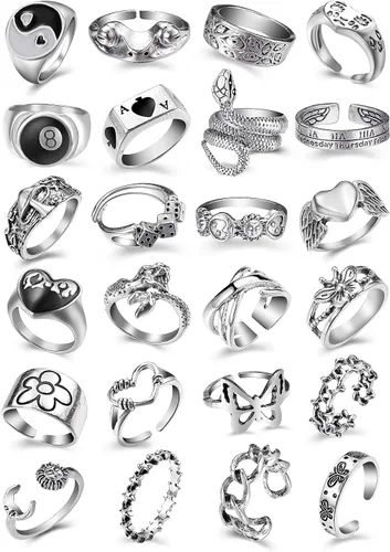 Vista 7 de FAXHION Anillos de acero inoxidable para hombres y mujeres, anillos punk abiertos de plata vintage para hombres y mujeres, Plata, acero inoxidable