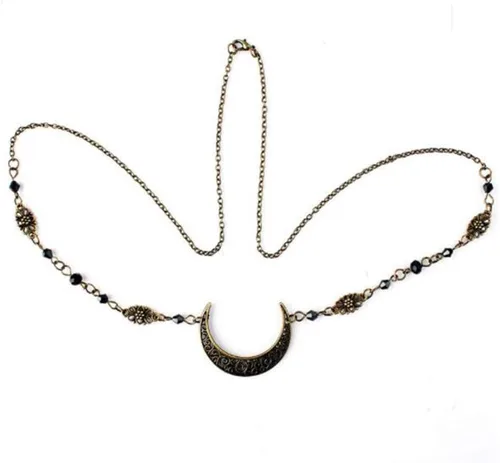 Vista 5 de Aimimier Diadema de cristal vikinga, círculo, luna, cadena de frente creciente, diadema de cristal para Halloween, joyería para el cabello