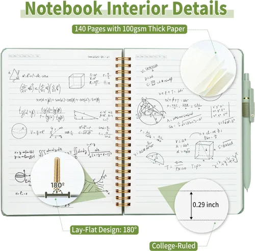 Vista 4 de YOXMJDB Cuaderno rayado en espiral, pequeño cuaderno de rayas universitarias A5 con soporte para bolígrafo, cuaderno de tapa dura de 140 páginas