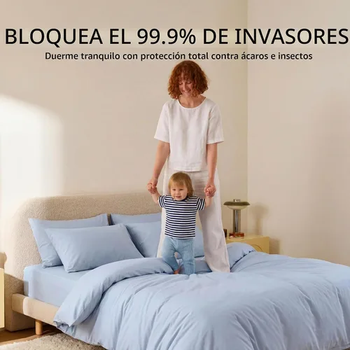 Vista 4 de FAUNNA Funda protectora de colchón 100% algodón para evitar el polvo Azul