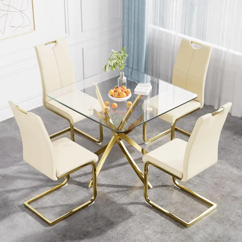 Vista 2 de Juego de mesa de comedor de 36 pulgadas para 4, moderna parte superior cuadrada de vidrio templado, mesa de patas de acero inoxidable con acabado
