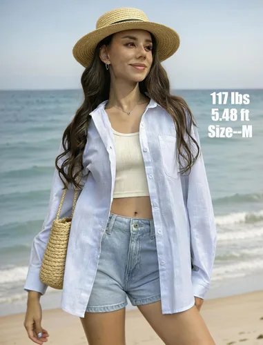 Vista 8 de HOTOUCH Camisas de manga larga con botones para mujer, blusas de lino y algodón, casuales, con cuello holgado, de gasa con bolsillo