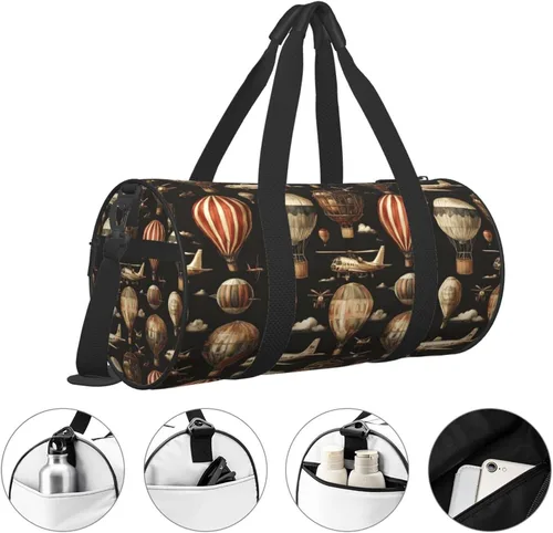 Vista 3 de Large Duffle Bag for Travel - Retro Airplane Hot Air Balloon Print Gym Bag for Women Men, Travel Foldable Bags for Women Men with Zippered Multiple