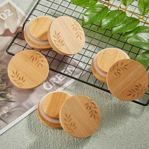 Vista 4 de Juego de 6 tapas para tarros de yogur compatibles con tarros de yogur Oui, tapas de madera de bambú, tapas redondas reutilizables con anillos