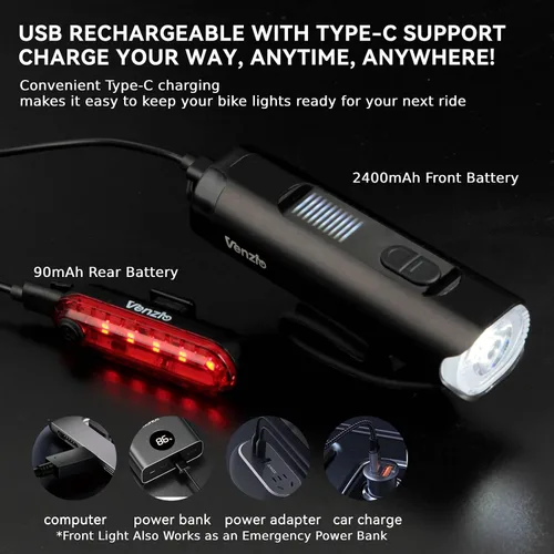 Vista 2 de Venzio Luces de bicicleta, juego de faros y luces traseras recargables