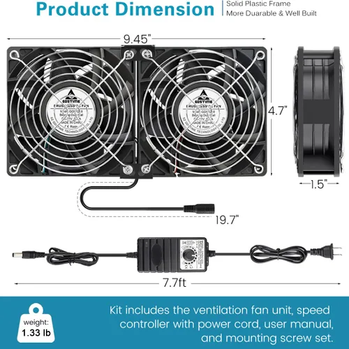 Vista 6 de GDSTIME 2X 4.724 in Ventilador de computadora con enchufe de CA Control de velocidad 110V-240V alimentado 240mm, Powerful Airlow, Dual Ball, for