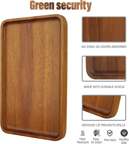 Vista 3 de 1 bandeja rectangular de madera de acacia maciza de 13 x 9 pulgadas, tablero de madera natural para bar, fiesta de café