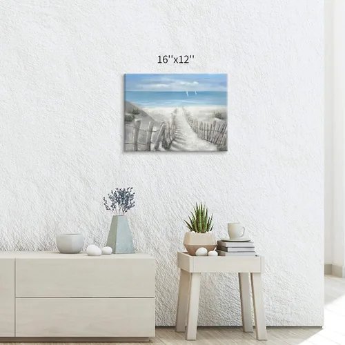 Vista 2 de Hardy Gallery Lienzo impreso con diseño de camino de playa: lienzo con imagen del océano costero, arte de pared tamaño pequeño para baño