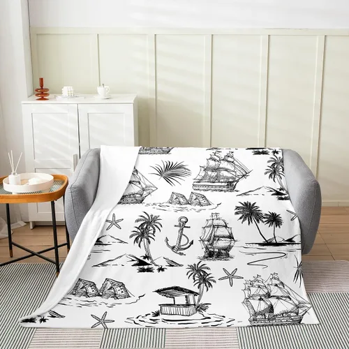 Vista 3 de Manta costera de franela de playa, velero y ancla para niños, niñas, niños y adolescentes, manta de forro polar con palmera de pez satr, manta retro