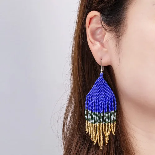 Vista 5 de Native - Aretes de borla con cuentas bohemios, hechos a mano, con flecos, para mujer