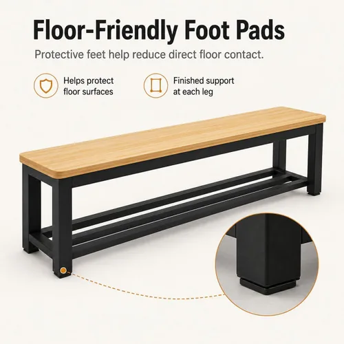 Vista 4 de Banco largo de madera, banco de 2 capas, silla de asiento resistente con estante de almacenamiento de zapatos y marco de acero para interiores