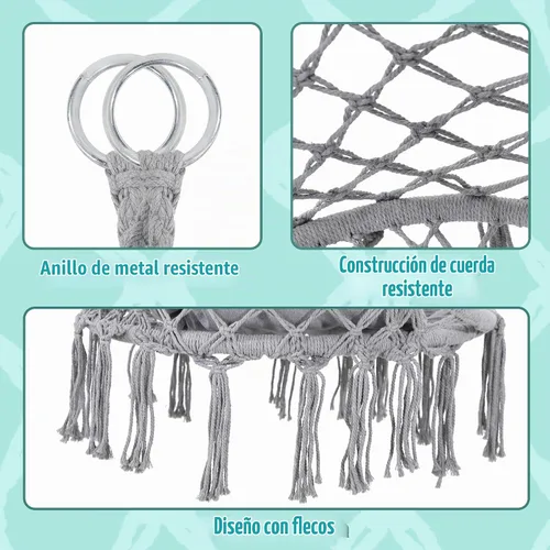 Vista 4 de KROFEM - Silla columpio de macramé, silla colgante para dormitorio, cojín grueso Gris ordinario