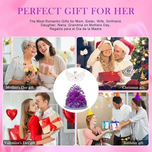 Vista 6 de Regalos de rosas preservadas para mujeres, flores frescas eternas en cristal con figuras de ángel para entrega, rosas moradas para abuela, mamá