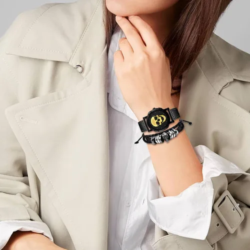 Vista 4 de Pulsera de reloj de cuero con calavera Reloj de pulsera gótico gótico para hombre Steampunk Goth para mujer