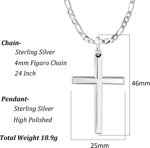 Vista 5 de FANCIME White Gold Plated 925 Sterling Silver Cross Pendant Necklace With 4MM Figaro Solid Curb Link Chain Gifts for Him Men, 24-INCH