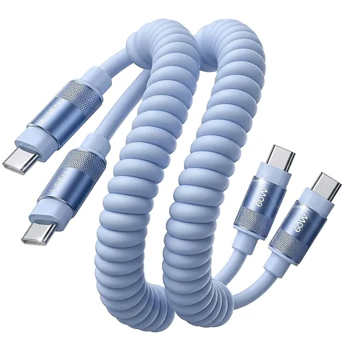 Vista 12 de LISEN Paquete de 2 cables USB C a USB C en espiral de 60 W para Android Negro espacial