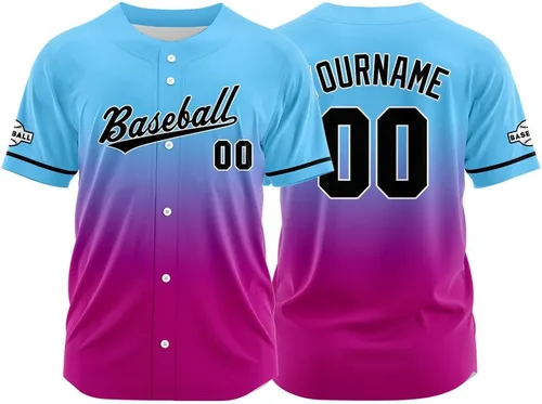 Vista 9 de Camiseta de béisbol con degradado personalizado, nombre, número y logotipo personalizados para hombres, mujeres y niños