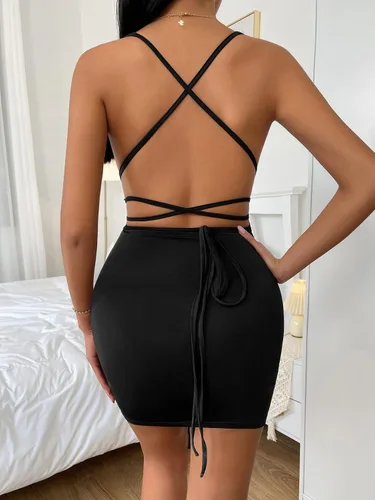 Vista 2 de Verdusa Mini vestido ajustado con cordón fruncido y espalda descubierta con cuello en V profundo para mujer