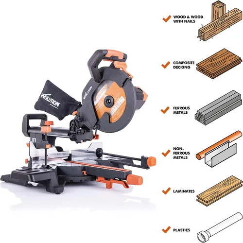 Vista 2 de Sierra de inglete deslizante Evolution Power Tools R255SMS+ PLUS de 10 pulgadas multimaterial multipropósito para cortar metal, plástico, madera