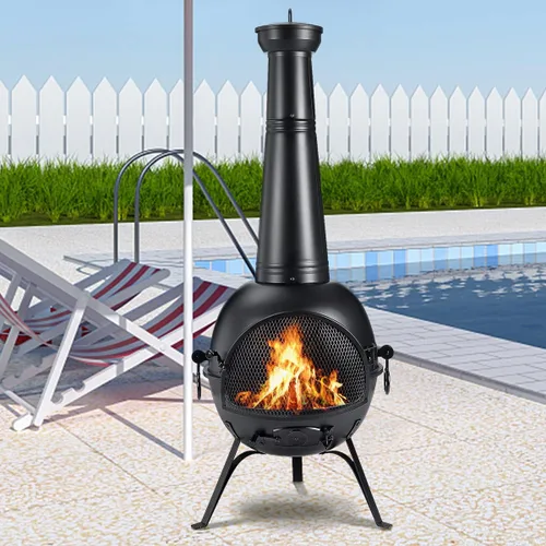 Vista 8 de SINGLYFIRE Chimenea de Chiminea Prairie para Exteriores, Chimenea para Cubierta o Patio, Hoguera de Madera para el Patio Trasero con Cubierta