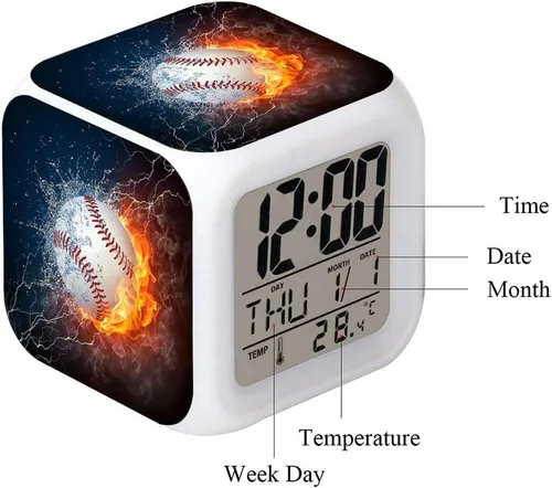 Vista 5 de Reloj despertador LED con diseño deportivo de béisbol, reloj de mesa creativo de escritorio, brillante, electrónico, colorido, digital, reloj
