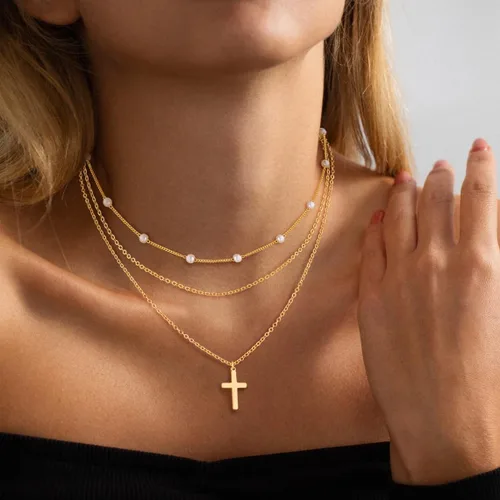 Vista 3 de ASCOMY Collares en capas para mujer, delicado collar de oro chapado en oro de 14 quilates, collar de espiga para mujer, collar de cruz de perlas