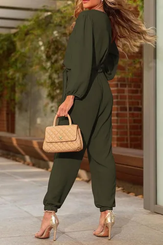 Vista 2 de PRETTYGARDEN Womens 2024 Fall V Neck Long Sleeve Belt Pockets Long Pants Romper Jumpsuit
