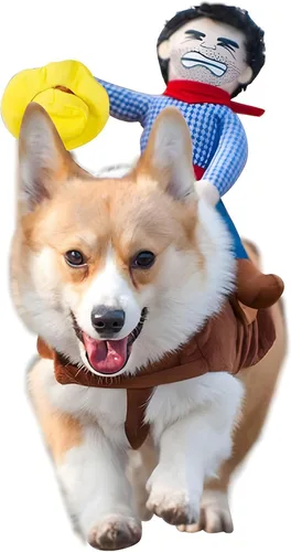Vista 6 de Disfraz de vaquero para perro, disfraz de jinete de perro de Halloween, ropa divertida de Chucky con muñeca y sombrero, disfraces para perros