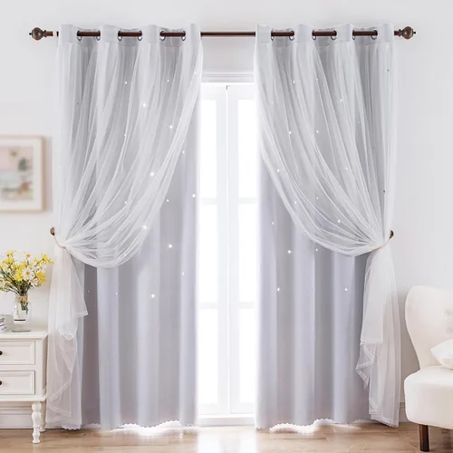 Vista 42 de indistar Cortinas opacas con recortes de estrellas para dormitorio de niña, cortinas de oscurecimiento para habitación de bebé, cortinas