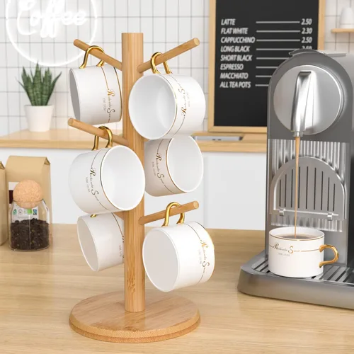 Vista 7 de Wisuce Árbol de taza de café negro, base gruesa de bambú actualizada, soporte para taza de café con 6 ganchos para soporte organizador de tazas