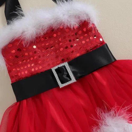 Vista 3 de Ayalinggo Vestido halter de Navidad para niña pequeña, con lentejuelas, tutú con purpurina, falda tutú y sombrero, disfraz de Papá Noel, ropa