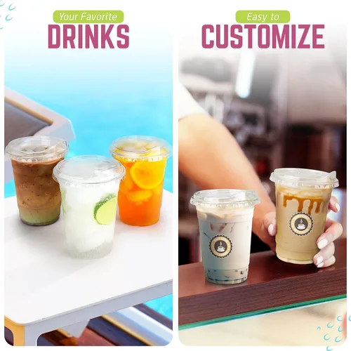 Vista 6 de FROZIP Paquete de 50 tazas de café de plástico de 16 onzas con tapas para sorbos, vasos de plástico transparente con tapas para batidos, café helado