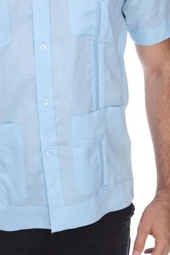 Vista 5 de Camisa Guayabera clásica con cuatro bolsillos para hombre, mezcla de polialgodón y manga corta