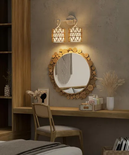 Vista 8 de N12-3 Aplique de pared de ratán bohemio de dos luces, accesorios de tocador para espejo, pantalla tejida en cruz y lámpara de pared cableada
