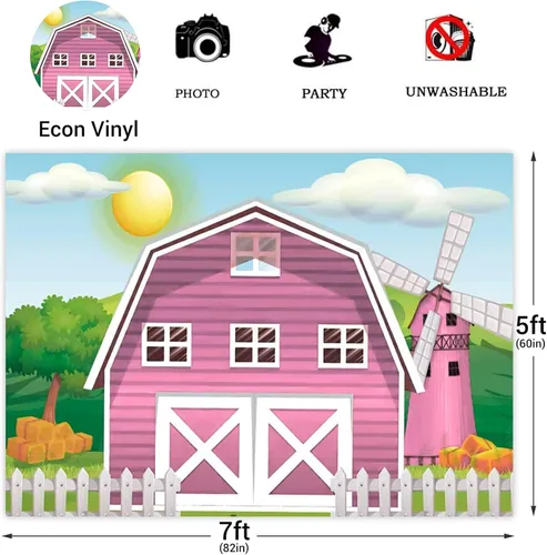 Vista 3 de Fondo rosa de granero de granja de 5 x 3 pies, dibujos animados, animales de granja, fiesta, fotografía, fondo rosa, granero, hierba verde, fondo