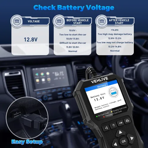 Vista 4 de Herramienta de diagnóstico del escáner OBD2, lector de código de coche con luz de verificación del motor con reinicio, probador de batería, datos