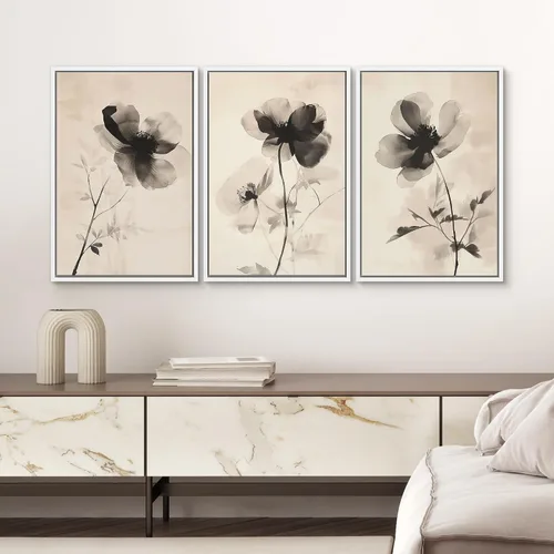 Vista 341 de SIGNWIN Lienzo enmarcado para pared, juego de arte de collage de hojas transparentes en blanco y negro, ilustraciones de naturaleza silvestre, arte