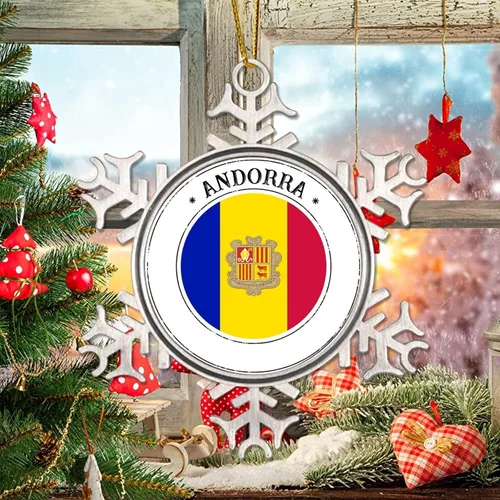 Vista 4 de Adornos de Navidad de Andorra, bandera nacional de Andorra, suministros de fiesta de Navidad, recuerdo de la ciudad, copo de nieve de metal, adorno