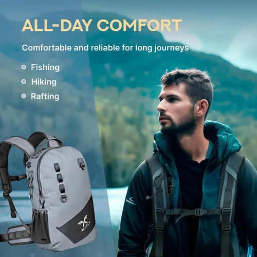 Vista 4 de Xelfly - Mochila de pesca impermeable con soporte para caña, válvula de aire inflable, correas acolchadas para la cintura y bucles para engranajes
