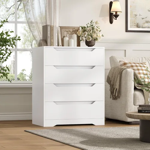 Vista 6 de HOSTACK Cómoda Blanca, Cómoda de 4 Cajones, Cómoda Moderna con Tiradores Recortados, Cómodas Pequeñas con Cajones, Organizador de Cofre
