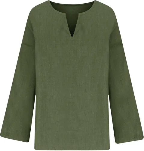 Vista 4 de NEBZCIV Cotton Linen Tops Long Sleeve for Women Autumn Loose Fit Sweatshirt Casual V Neck Plain Pullover