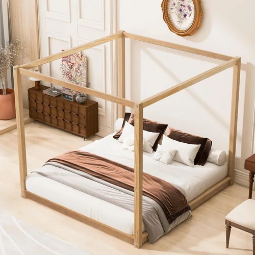 Vista 13 de Linique Cama de plataforma tamaño King con cabecera y patas de soporte, marco de cama King de madera con cuatro pósteres, no requiere somier, gris