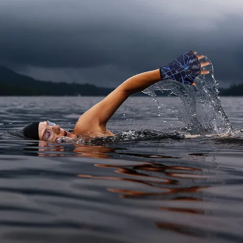 Vista 6 de Guantes de natación de nailon, guantes de natación acuática, guantes de malla para entrenamiento acuático, manos palmeadas a mano, aletas, guantes